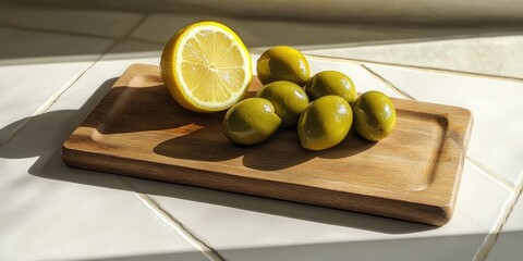 Aufkleber - Arrangement with a wooden board featuring green olives and lemon on a light tile surface.