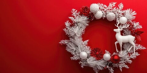 Aufkleber - Christmas wreath featuring white pine branches, white reindeer, and ball decorations against a red background. Creative copyspace layout. Flat lay backdrop.