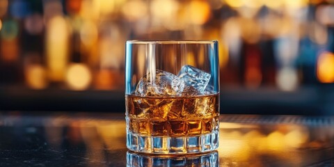Poster - A glass of whiskey with ice. Background featuring copy space. A glass of liquor on the bar countertop.