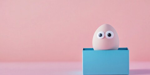 Poster - Egg with eyes isolated in a blue gift box. Creative design for Easter, holidays, and food. Copy space. Pink background.