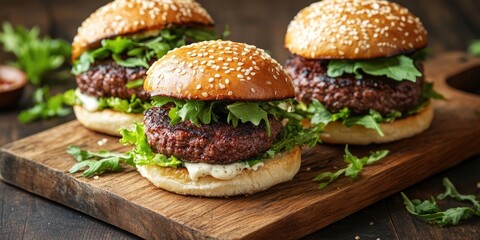 Poster - Delicious street food grilled beef burger in a crunchy shortbread with lettuce and mayonnaise presented on a wooden cutting board. Copyspace available.