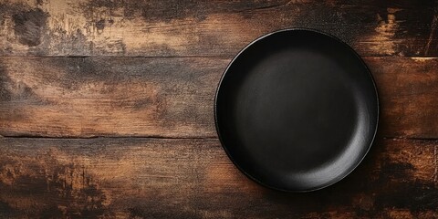Aufkleber - Black plate on a brown wooden table, Copyspace for text, Vintage style.