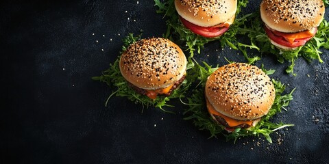 Poster - Tasty fresh sushi burgers on a dark background for a food delivery site. Copy space
