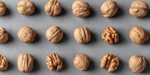 Poster - Walnuts arranged on a grey background in a pattern, viewed from above with copy space. Large walnut.
