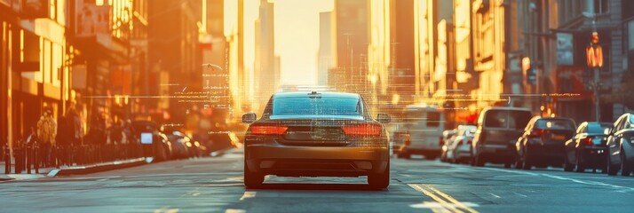 Leinwandbilder - An autonomous vehicle travels through a bustling city, with onboard AI technology ensuring safe navigation amidst traffic. Generative AI