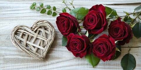 Aufkleber - The idea of Love, Wedding, Proposal, Anniversary, St. Valentine's Day, and Mother's Day, featuring stunning red velvet roses and a decorative woven heart in close-up against a light wooden backdrop.