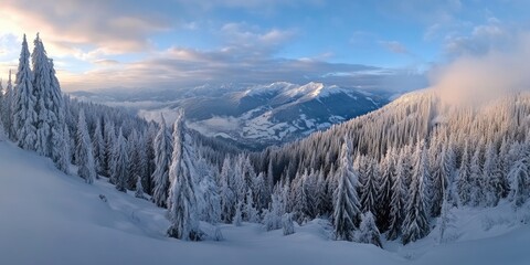 Poster - View from the summit of the mountains covered in snow. Winter scenery featuring a fir forest following a snowfall.
