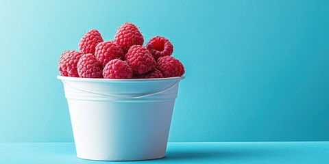 Poster - Summer fruit, natural raspberry diet, and healthy eating theme featuring a bucket of raspberries set against a minimalist blue background with copyspace.