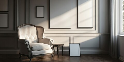 Poster - Interior of a chic living room featuring an armchair and empty frames on the table.