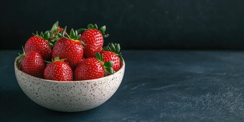 Poster - Fresh, ripe strawberries in a bowl on a dark background. Copyspace.