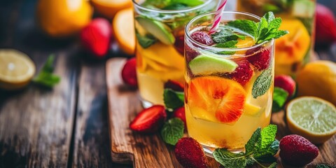 Aufkleber - Fresh fruit and mint natural lemonade on a wooden table.