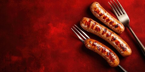 Poster - Grilled sausages on forks. Dark red backdrop, copyspace.