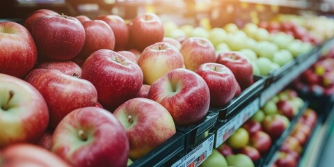 Poster - Farm organic apples. Natural vitamins available in a retail grocery store. Selective focus with copy space for text.