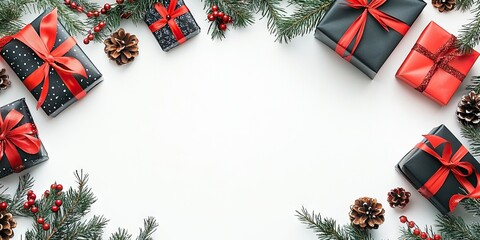 Poster - Christmas decorative backdrop featuring fir branches, pine cones, red and black gifts adorned with ribbons on a white background. Holiday concept card. Copy space, top view.
