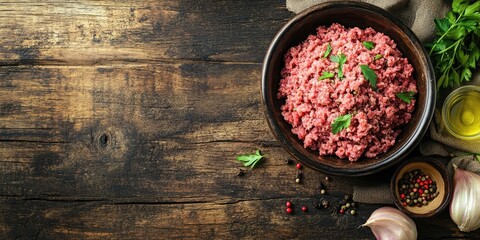 Poster - Raw minced meat. Ground pork with spices and cooking oil. An old wooden table, copy space.