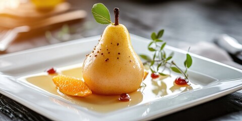 Poster - Pear in orange juice on a white square plate. A vegetarian dessert.