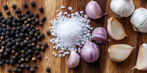 Poster - Closeup of spices displaying whole purple garlic bulbs, garlic cloves, black pepper, and white salt on a wooden surface, top view.