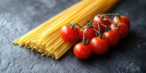 Poster - Italian pasta cooking concept with tomatoes. A bunch of raw yellow spaghetti accompanied by cherry tomatoes from a side view. Long uncooked macaroni displayed on a dark grey stone surface.