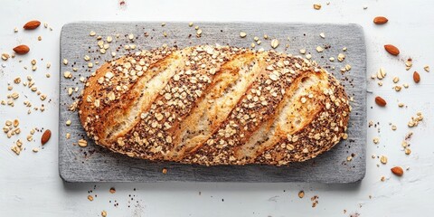 Poster - Bread topped with seeds and flakes on a gray cutting board against a white background from a top view.