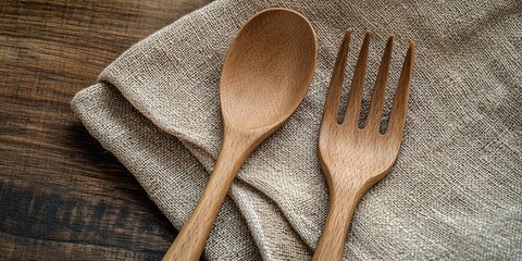 Poster - wooden fork and spoon with fabric on a table