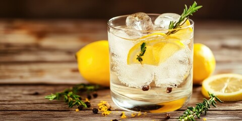 Aufkleber - Glass of gin with tonic, lemon, and ice cubes on a wooden table.