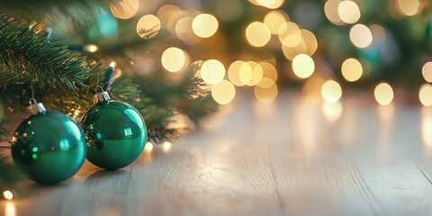Leinwandbilder - Green Christmas tree ornaments on a light wooden surface. Blurred lights from a garland. Getting ready for the New Year. Christmas backdrop with copyspace.