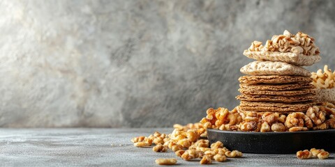 Canvas Print - Healthy eating concept - a stack of crunchy items on a gray background. Contains copyspace.