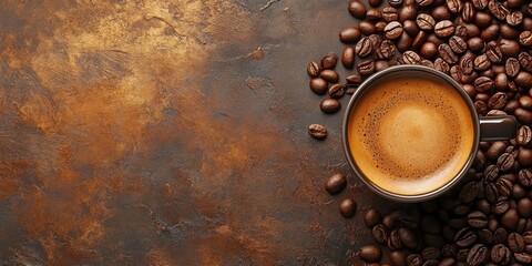 Aufkleber - Coffee in a cup on a backdrop of coffee beans, set against an aged background.