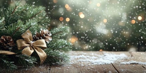 Leinwandbilder - Christmas fir tree on a wooden surface/Christmas green arrangement with ribbon and snow/Christmas holiday backdrop