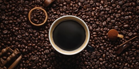 Poster - A cup of black coffee set against a backdrop of coffee beans, accompanied by various accessories.