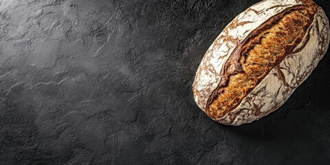 Poster - Homemade bread loaf on a rustic dark background, rye bread on a black surface. Freshly baked artisan sourdough rye. Top view. Close up. Copy space.