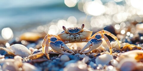 Aufkleber - European shore crab on seashells. A small crab on the shoreline near the ocean.
