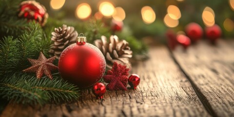Poster - Merry Christmas. Christmas and New Year decorations on a wooden surface.