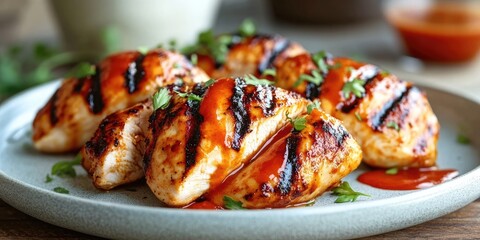 Poster - Grilled chicken on a plate drizzled with spicy sauce.