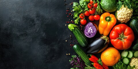 Poster - Fresh vegetables on a vintage black table, including chili, cucumber, eggplant, pumpkin, tomatoes, and fiber. Concept of vegan or diet food. Top view.