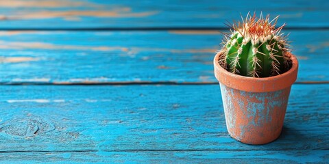 Aufkleber - Small cactus on a blue wooden table. Copy space.