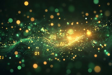 Poster - Abstract green and gold digital data flow background with glowing particles and binary code.