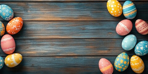 Poster - Colorful Easter eggs banner along the bottom border, vintage rustic wood background, flat lay design, top view with copy space.