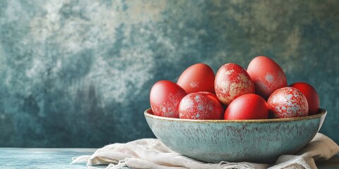 Aufkleber - Red-painted eggs for Easter arranged in a lovely ceramic bowl atop a napkin. Easter banner with copyspace.