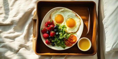 Poster - Healthy breakfast on a tray, top view close up.