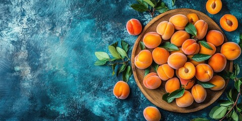 Poster - Apricots placed on a wooden plate on a table.