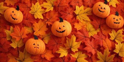Fototapete - Funny orange felt pumpkins and fallen yellow maple leaves in autumn. Template for greeting card, text, design, frame, mockup. The themes of Halloween and Thanksgiving Day.