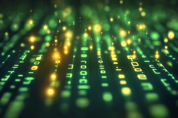 Aufkleber - Abstract green digital binary code background with glowing particles.
