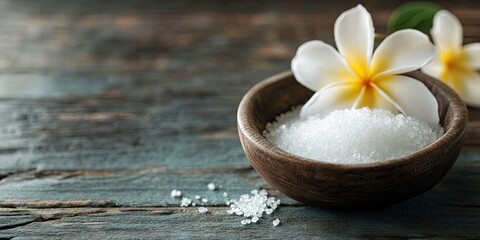 Poster - Camphor in a bowl and a plumeria flower on aged wood, spa ingredient, with copy space.