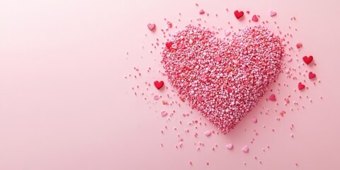 Wall Mural - Heart made of pink confectionery sprinkles in the center on a pastel pink background. Valentine's card concept. Top view Copy space for text.