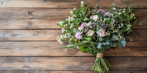 Aufkleber - Rustic wooden table featuring a bouquet of flowers as a mock-up or postcard. Studio photo.