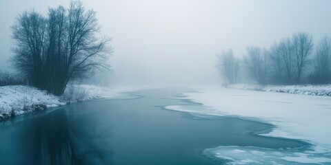 Aufkleber - Fog over a frozen river on an extremely cold winter day.