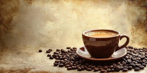 Aufkleber - Coffee in a cup on a backdrop of coffee beans, set against an aged background.