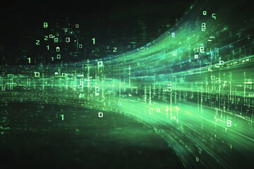 Poster - abstract green digital data stream, flowing binary code, technology background.