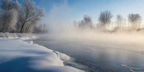 Aufkleber - Fog over a frozen river on an extremely cold winter day.